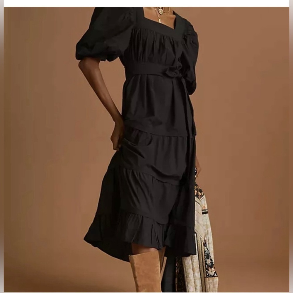 Anthropologie Black Midi Dress with Puff Sleeves